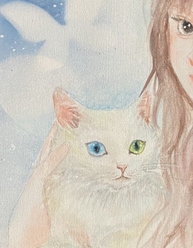 童顔女子と白猫オッドアイさんⅡ キャンバスアクリル画