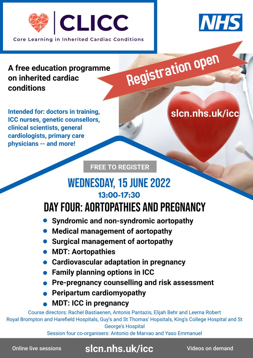Next #CLICC training day is this Wednesday. 

A must for the MDT caring for patients with Inherited Cardiac Conditions. But Pregnancy sessions also very relevant to obstetricians, obs med physicians &amp; midwives. 

Programme below

Register free - eventbrite.co.uk/e/clicc-sessio…

(1/2)