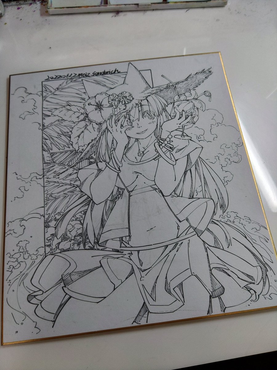 一刻も早く梅雨明けを
#線画 #狐娘 #色紙 #水着 