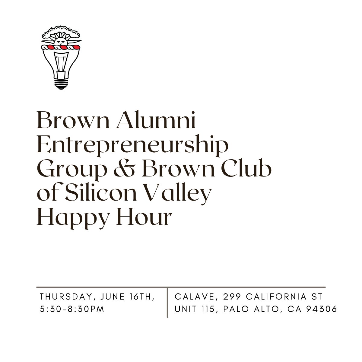 Join us for our inaugural event with the Brown Club of Silicon Valley this Thursday, June 16th, 5:30-8:30pm at Calave, 299 California St Unit 115, Palo Alto, CA 94306! Hors d'oeuvres provided. Register at: lnkd.in/djuHSDNh
