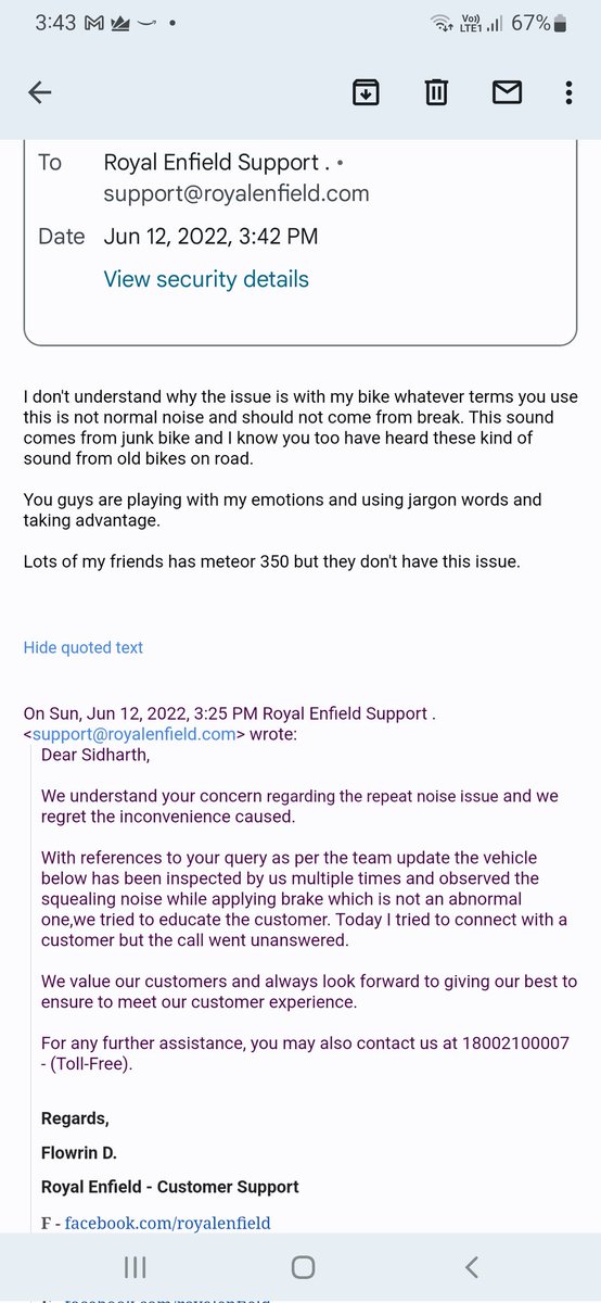 siddharthshend3's tweet photo. @rmaan0111 @ZeeNewsEnglish @royalenfield @sungkang This is what i got reply. #ban #royalenfield #making #customer #fool https://t.co/GvlJzQqGv3