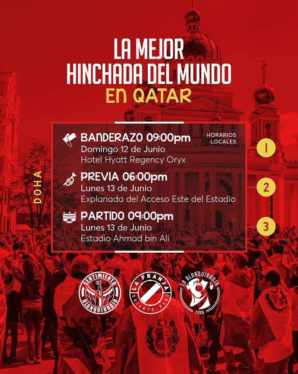 WalterArraya's tweet photo. Debido a que la Selección peruana entrenará este domingo a las 7 pm en Doha, el Banderazo se reprogramó para las 9 pm en las afueras del Hotel Hyatt. https://t.co/TgDxpmHUWs