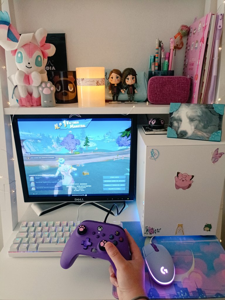 clemesthia's tweet photo. 🔝 Estrenando mando y gráfica por todo lo alto 🥇🎮 Mi pequeño pero resultón rincón 🌺😌🦋 #fortnite #setupgamer #gaming https://t.co/u7R16JDzAh