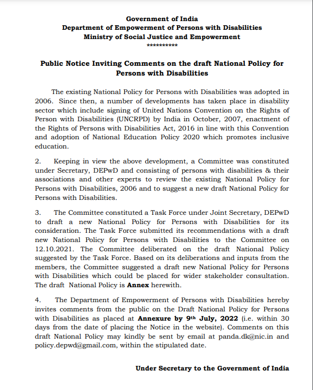 📣▶️The #DEPwD invites comments from the public on the Draft National Policy for #PwDs by 9th July, 2022.  #NothingAboutUsWithoutUs #LeaveNoOneBehind disabilityaffairs.gov.in/upload/uploadf…