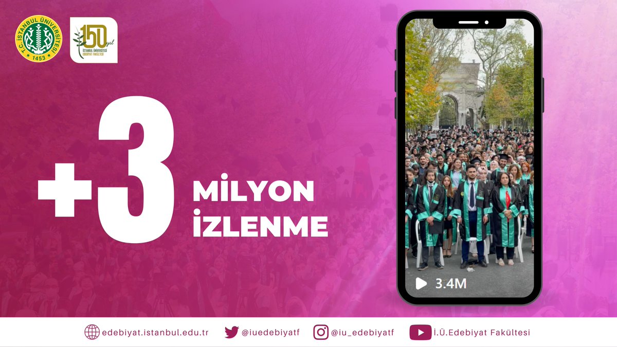 iuedebiyatf's tweet photo. Fakültemizin geçen yıl düzenlendiği #Mezuniyet Töreni’nde çekilen kep atma anı videosu İnstagram'da (Reels) 3 Milyon'un üzerinde görüntülenmeye ulaştı, yeni bir rekora imza atmaya var mısınız ? 

İşte Fakülte tarihinde ilk kez 3.4 milyon izlenen video: 
👉 https://t.co/gIOGc8T0rI https://t.co/0wue3lEEZo