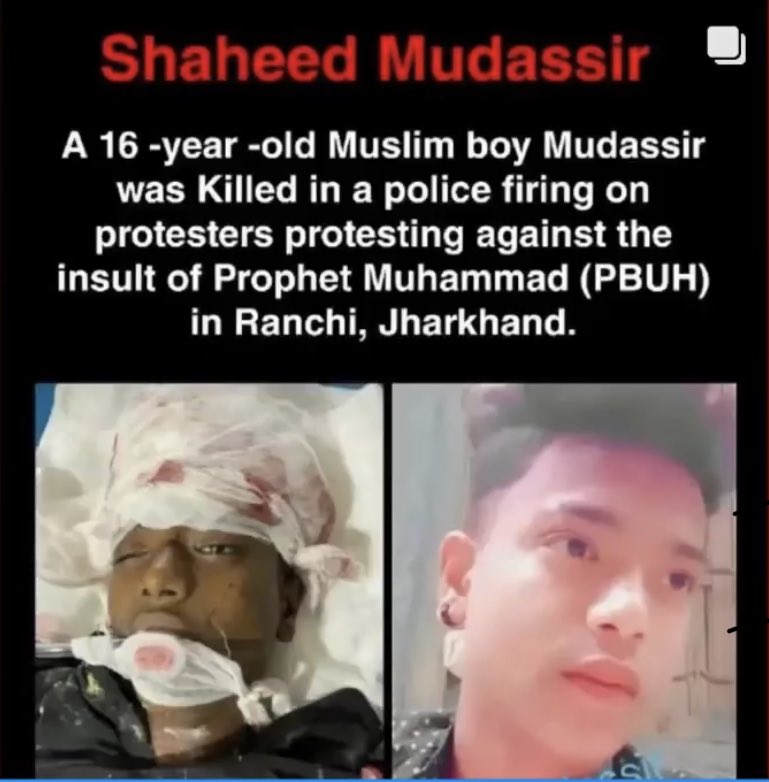 Nishat980's tweet photo. 16 year old muslim teen mudassir was shot dead during a protest yesterday in ranchi against blasphemous remarks made by BJP Spokesperson against Prophet ﷺ. He was shot Directly on head by ranchi police.
@OIC_OCI @MOI_QatarEn @AJENews @AJEnglish @trpresidency @DXBMediaOffice https://t.co/LtONEzzDDz