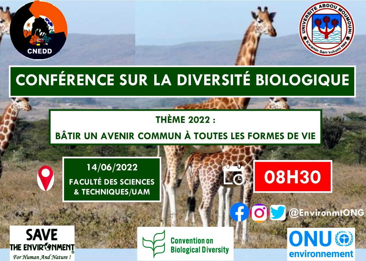 EnvironmentONG's tweet photo. 📢 Conférence Grand Public sur la Diversité Biologique 🦒🦛🐘🦍🦧 🦏🦜🦩🐟🐝.

Le CNEDD Co-organise avec @EnvironmentONG et la Faculté des Sciences et Techniques de l'université Abdou Moumouni une conférence publique.
📆 14 Juin 2022 à 08H30
📍 Faculté des Sciences et Techniques https://t.co/MQaXemFCm3