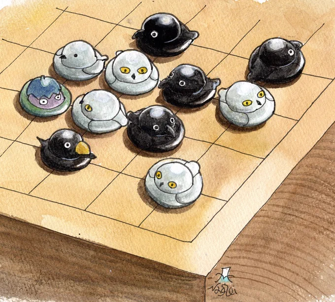 懲りもせず、将棋の次は囲碁。シロフクロウとカラスがメインでライチョウ冬羽とクロガモも入りました。人それぞれイメージが違うと思いますが、私はこれで。 