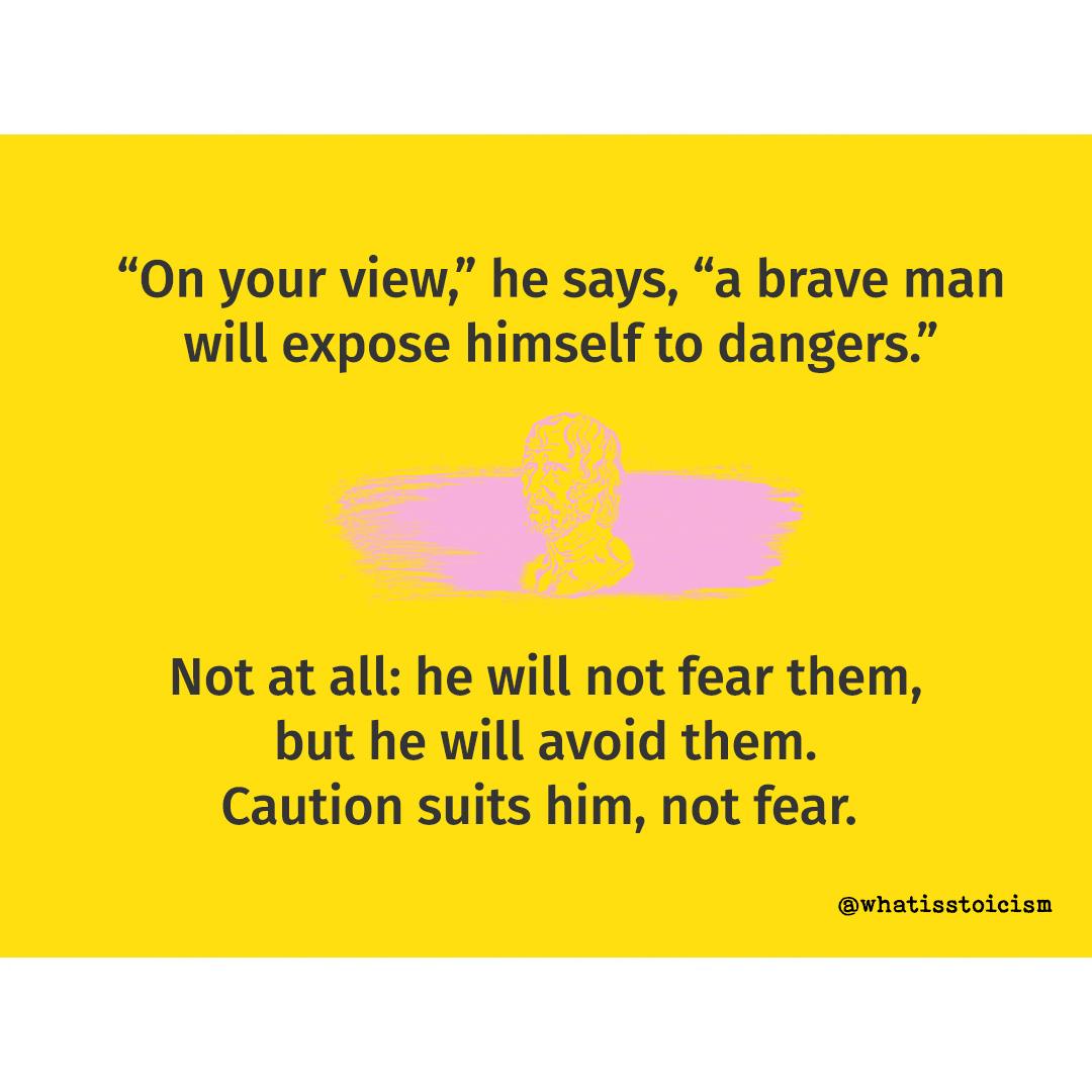 “On your view,” he says, “a brave man will expose himself to dangers.”

Not at all: he will not fear them, but he will avoid them.

Caution suits him, not fear.

- Seneca, Letters 85.26
instagram.com/p/CdsrvdrNpTc/