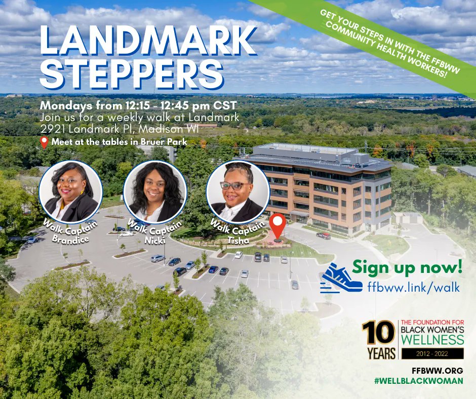 TheFFBWW's tweet photo. The Landmark Steppers meet weekly on Mondays at 12:15PM at 2921 Landmark Place in Madison! π Join Captains Brandice, Nicki, and Tisha as we get our steps in with the FFBWW community health workers! Sign up now at https://t.co/lSvPPiZNyz! #FFBWW #ProjectLiveWell #WellBlackWoman https://t.co/FYchd1F5XU