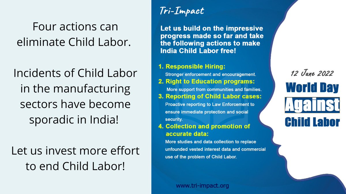 TriImpact's tweet photo. Child Labor is a cognizable criminal offense in India. All are expected to report incidents of Child Labor to Law Enforcement Agencies to ensure remediation and rehabilitation of children. There are many ways to report Child Labor cases. One of them is https://t.co/6U4Pv8hhyq https://t.co/QFlJQS6tpq