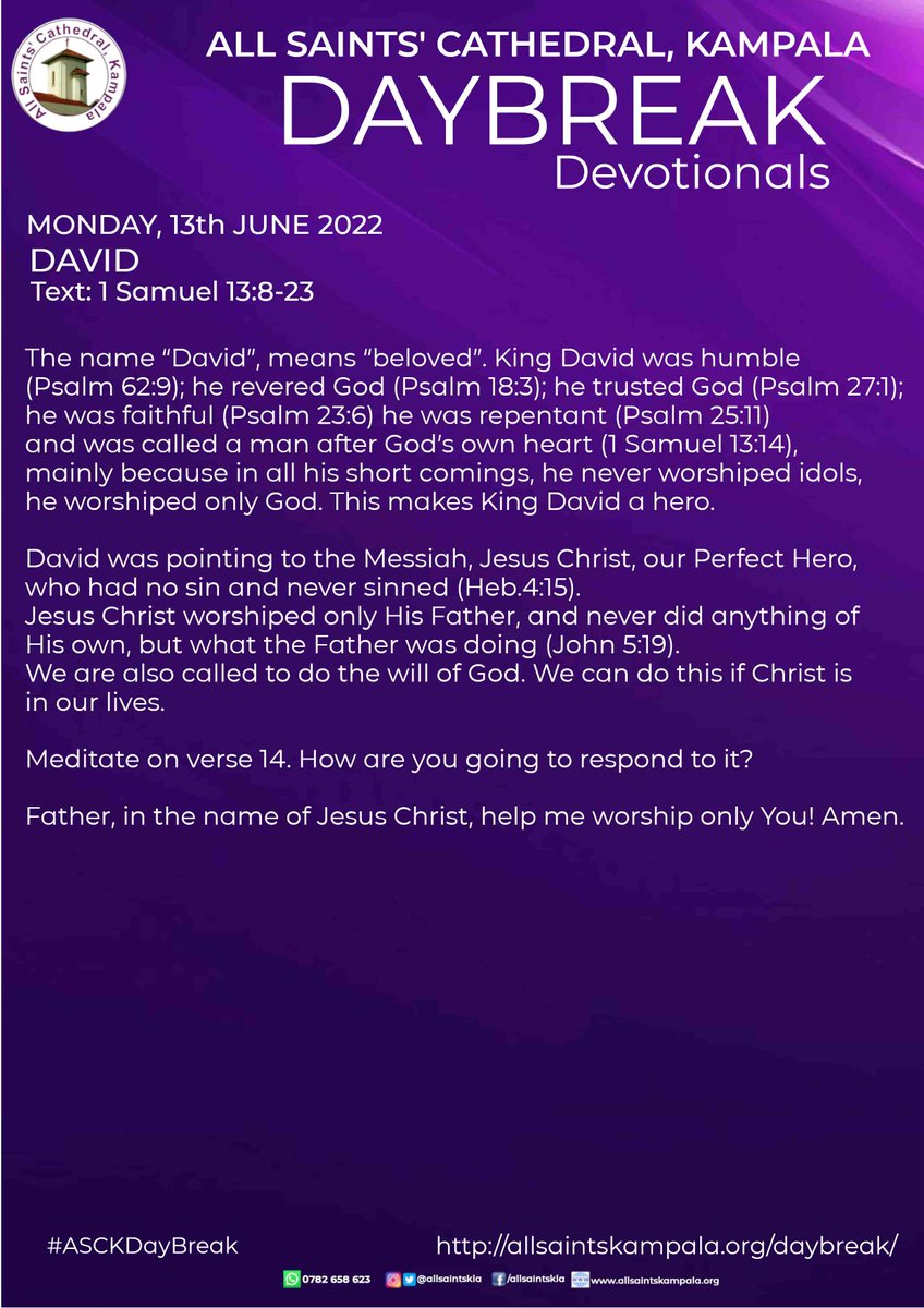 allsaintskla's tweet photo. DAY BREAK DEVOTIONAL
MONDAY, 13th JUNE 2022.
DAVID;
TEXT: 1 SAMUEL 13:8-23
https://t.co/FUfPl6GyYJ
#ASCKDayBreak #ASCKDevotionals #DayBreak #Devotionals #Bible #Reading https://t.co/tVutOxITVK