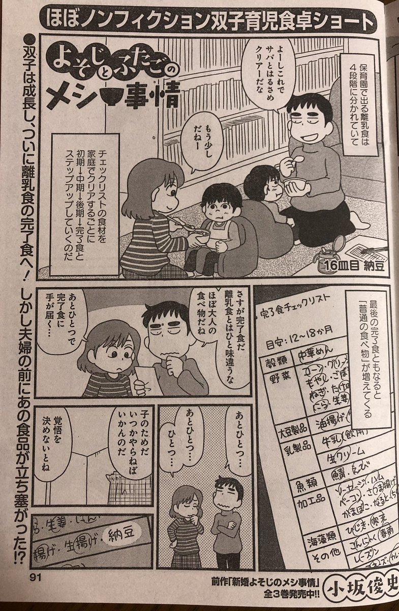 まんがライフオリジナル発売中です。「よそじとふたごのメシ事情」今回は、保育園で完了食を出してもらうためにどうしても必要なハードルのお話です。生まれて初めて納豆を購入した我々は果たしてどうなるのか。納豆ラバーの皆様にはずいぶんと失礼な内容ではありますが、どうぞよろしくお願いします。 