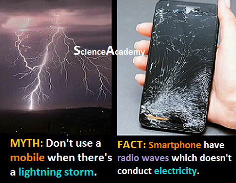 Academ18Academy's tweet photo. #MYTH: Don't use a #mobile when there's a #lightningstorm. #FACT: #Smartphone have #radiowaves which doesn't conduct #electricity. #ScienceAcademy https://t.co/OmapSTPNeD