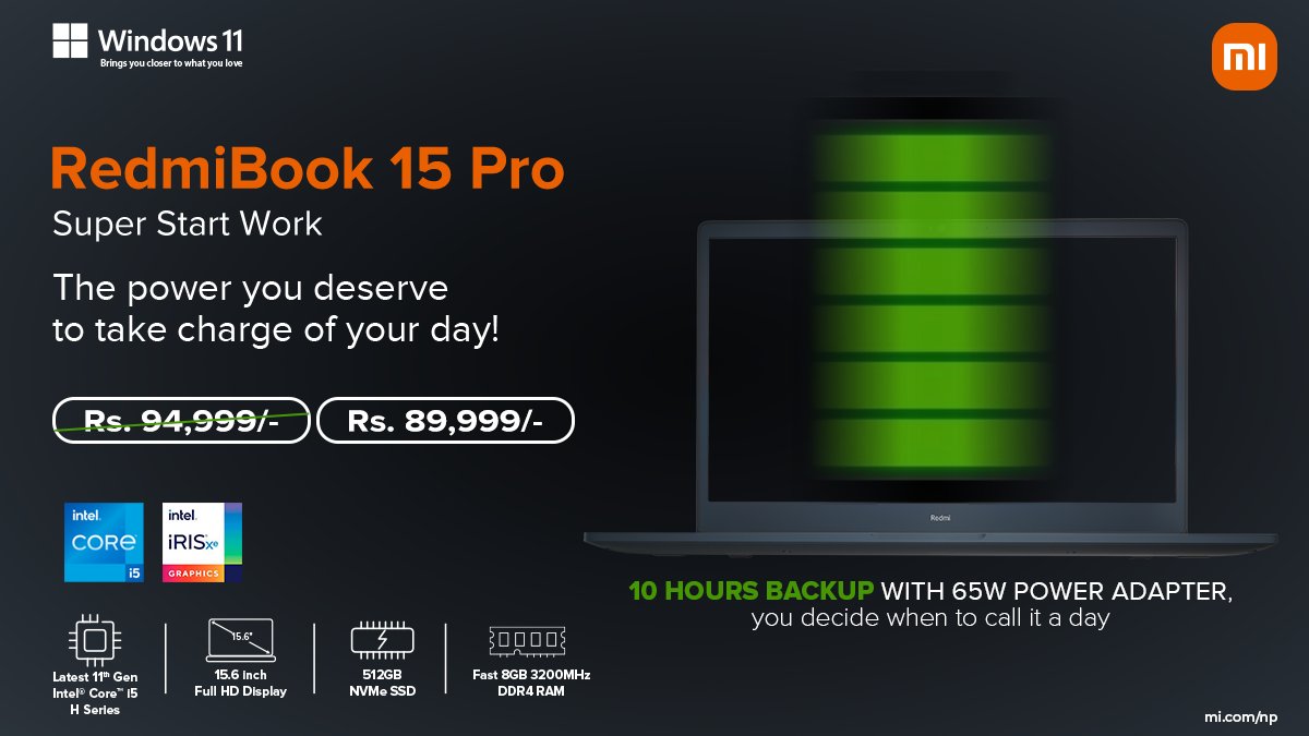 XiaomiNepal's tweet photo. With the 10 hours backup on the #RedmiBook15Pro, you decide when to call it a day.
Get yours at all Xiaomi authorized stores across Nepal.
#XiaomiNepal https://t.co/eTw3DyTR3H
