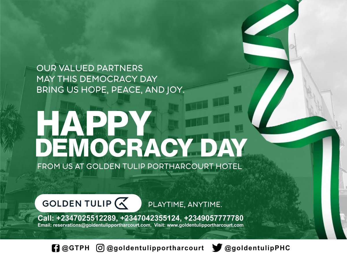 GoldenTulipPHC's tweet photo. As we celebrate Democracy Day today, We must believe in the goal and set our eyes on it.
Happy Democracy Day from us @GoldenTulipPHC
#gtph #goldentulip #phc #hotel #democracyday #june12th #vacation #tourism #holiday #cleanstay #homeawayfromhome https://t.co/TROeVLQZiY