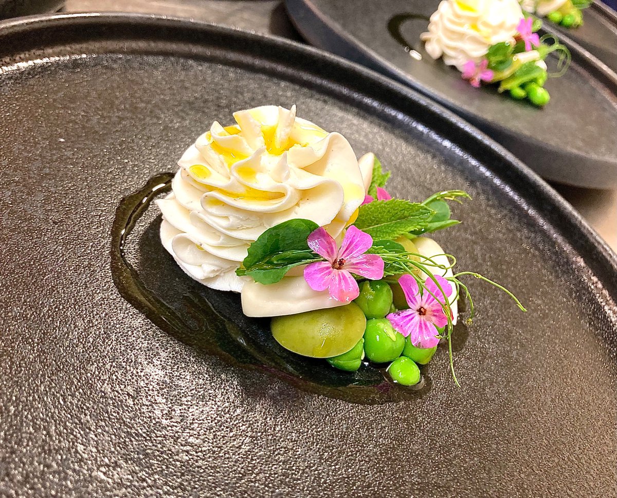 Whipped Windrush valley goats cheese, Nocellara olives, garden peas, fresh almonds and mint. Served with poppy seed and lemon olive oil lavash