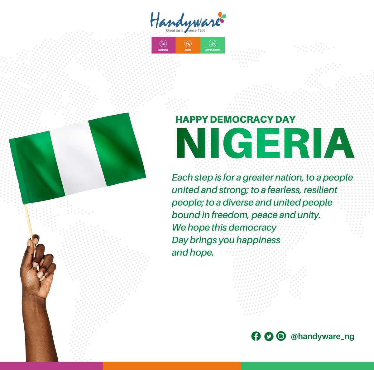 handyware_ng's tweet photo. Happy democracy day Nigeria.
#happydemocracyday #nigeria #b2b #fmcgindustry #foodandbeverageindustry #qualityproducts #greattaste #handyware https://t.co/f2D6OUndsO
