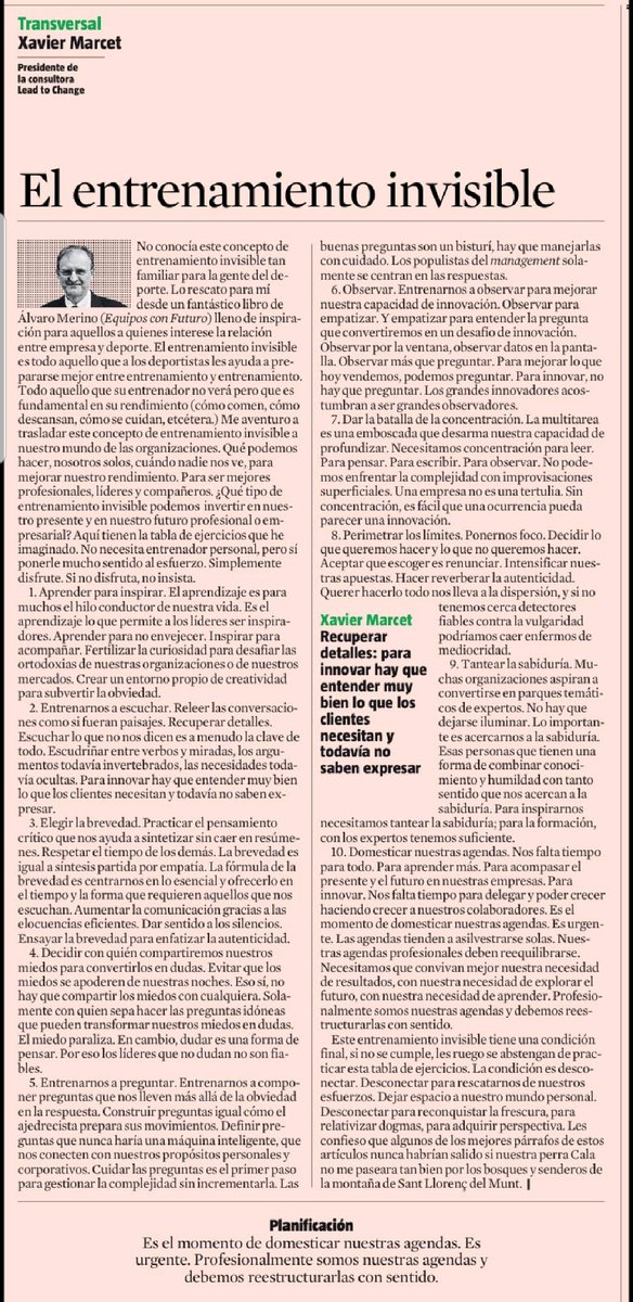 elena amat (@eleamat) on Twitter photo L'entrenament invisible, un concepte del món de l'esport, aplicat al món empresarial, i del que <a href="/XavierMarcet/">Xavier Marcet</a> ens fa un decàleg molt interessant. Segur que tots podriem ampliar i afegir més punts; i en tot cas, segur que és fonamental #desconnectar i #cuidar-se. Bon diumenge ! L'entrenament invisible, un concepte del món de l'esport, aplicat al món empresarial, i del que <a href="/XavierMarcet/">Xavier Marcet</a> ens fa un decàleg molt interessant. Segur que tots podriem ampliar i afegir més punts; i en tot cas, segur que és fonamental #desconnectar i #cuidar-se. Bon diumenge !