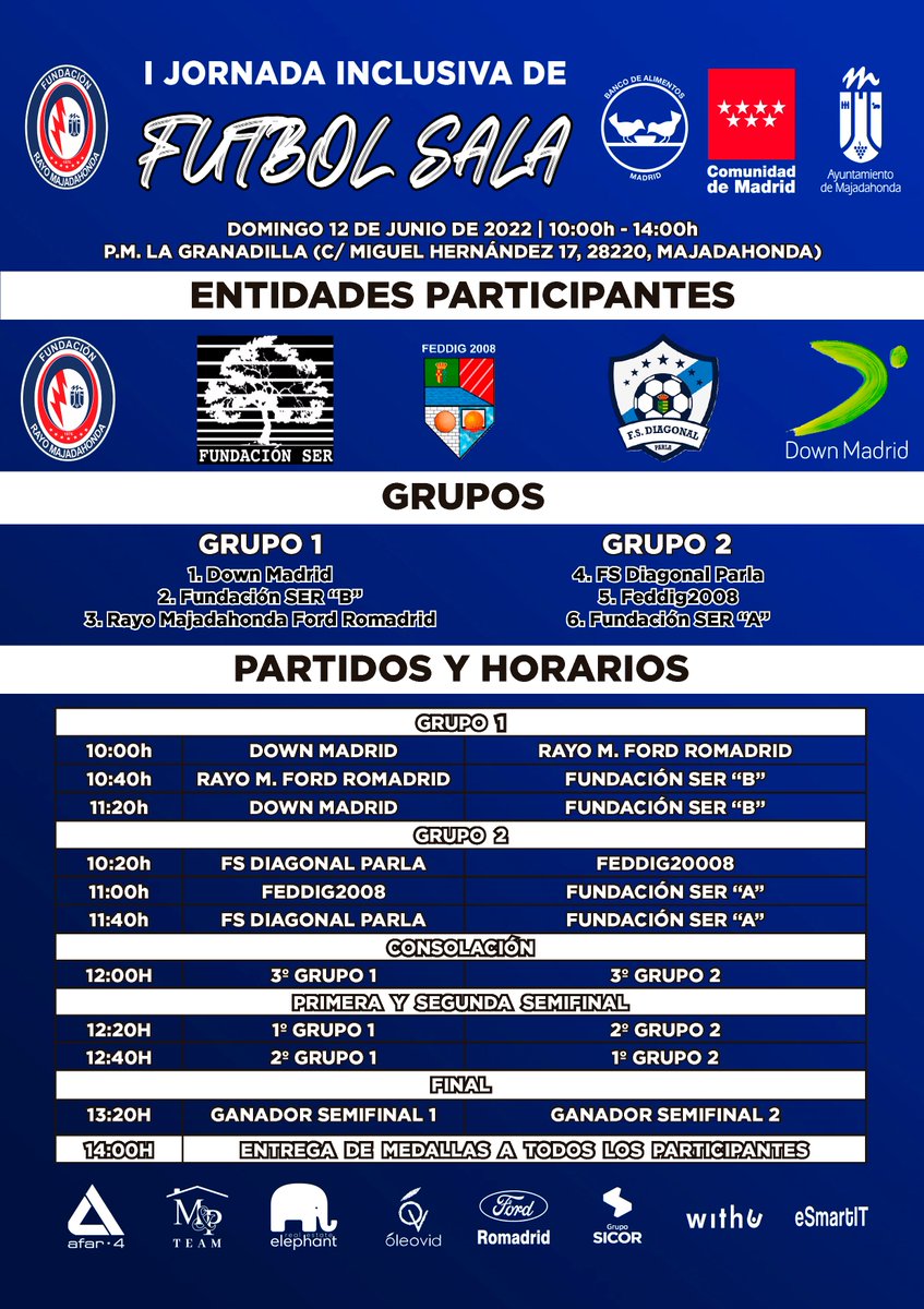 RMajadahondaFS's tweet photo. 🌞 ¡Buenos días, Rayistas!
✅ Hoy a las 10.00h arrancará la I Jornada Inclusiva de #FútbolSala de Majadahonda seis equipos de cinco fundaciones distintas disfrutarán de una gran mañana de deporte inclusivo.
📍 ¡Os esperamos! 👏
#IntegraRayo
#VamosMiRayo ⚡️ https://t.co/NEThzghVax