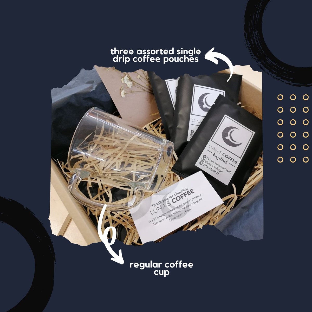 lunascoffeeph's tweet photo. Father's day is near and now is the best time to find the perfect gift for our coffee-loving Dad!

Luna's Coffee is offering a coffee gift set for only Php 199! Each set contains three assorted single drip coffee pouches and a regular coffee cup. #fathersday #fathersday2022 https://t.co/4BV7e7qpgs