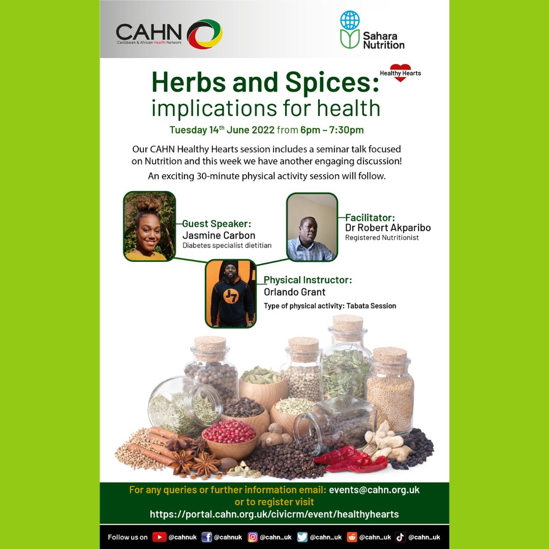 CAHN Healthy Hearts session on the 14th of June will provide an engaging talk on herbs and spices 

For more information email: events@cahn.org.uk 

#Healthyfood  
#HerbsforHealth