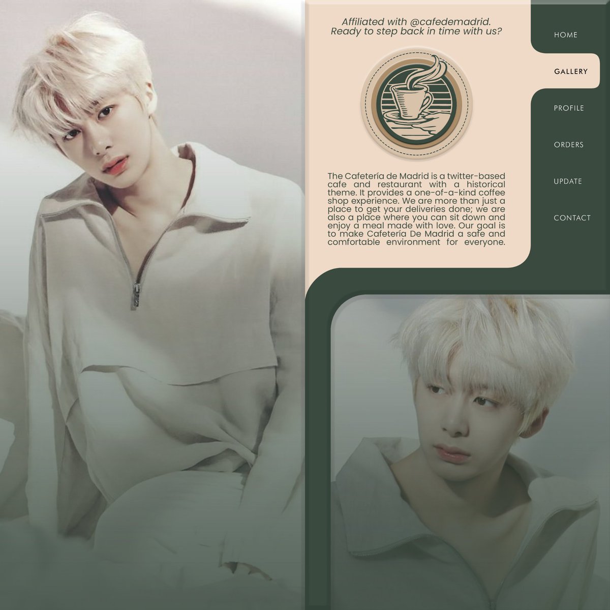 ⠀

STEP BACK IN TIME WITH
CAFETERÍA  DE  MADRID.

Marcus Dranreb D. Licoúr has arrived from the heart of Spain. I am now affiliated with Cafeteria de Madrid, and we will soon be serving top-notch flavors from the past and present. 

⠀