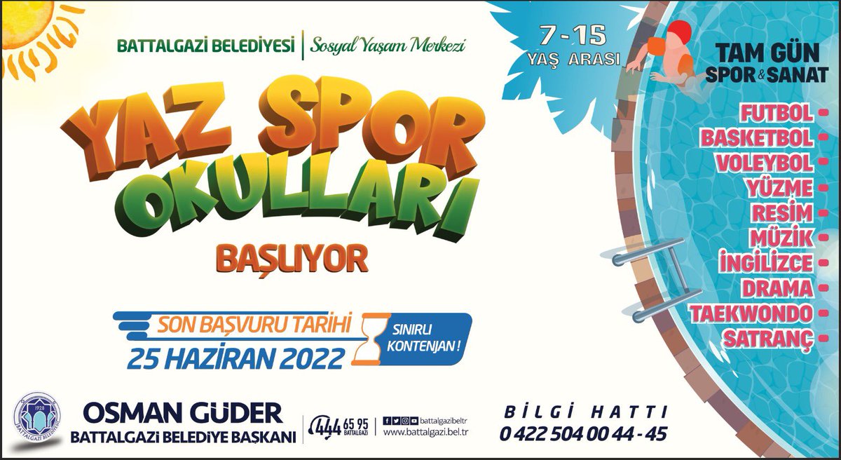7-15 yaş grubumuza özel Yaz Spor Okullarımız başlıyor 👋

Futbol’dan Voleybol’a; Taekwondo’dan Satranç’a 1️⃣0️⃣ farklı spor dalında faaliyet gösterecek eğitimlerimiz için son başvuru tarihi 👇

2️⃣5️⃣ 0️⃣6️⃣ 2️⃣0️⃣2️⃣2️⃣