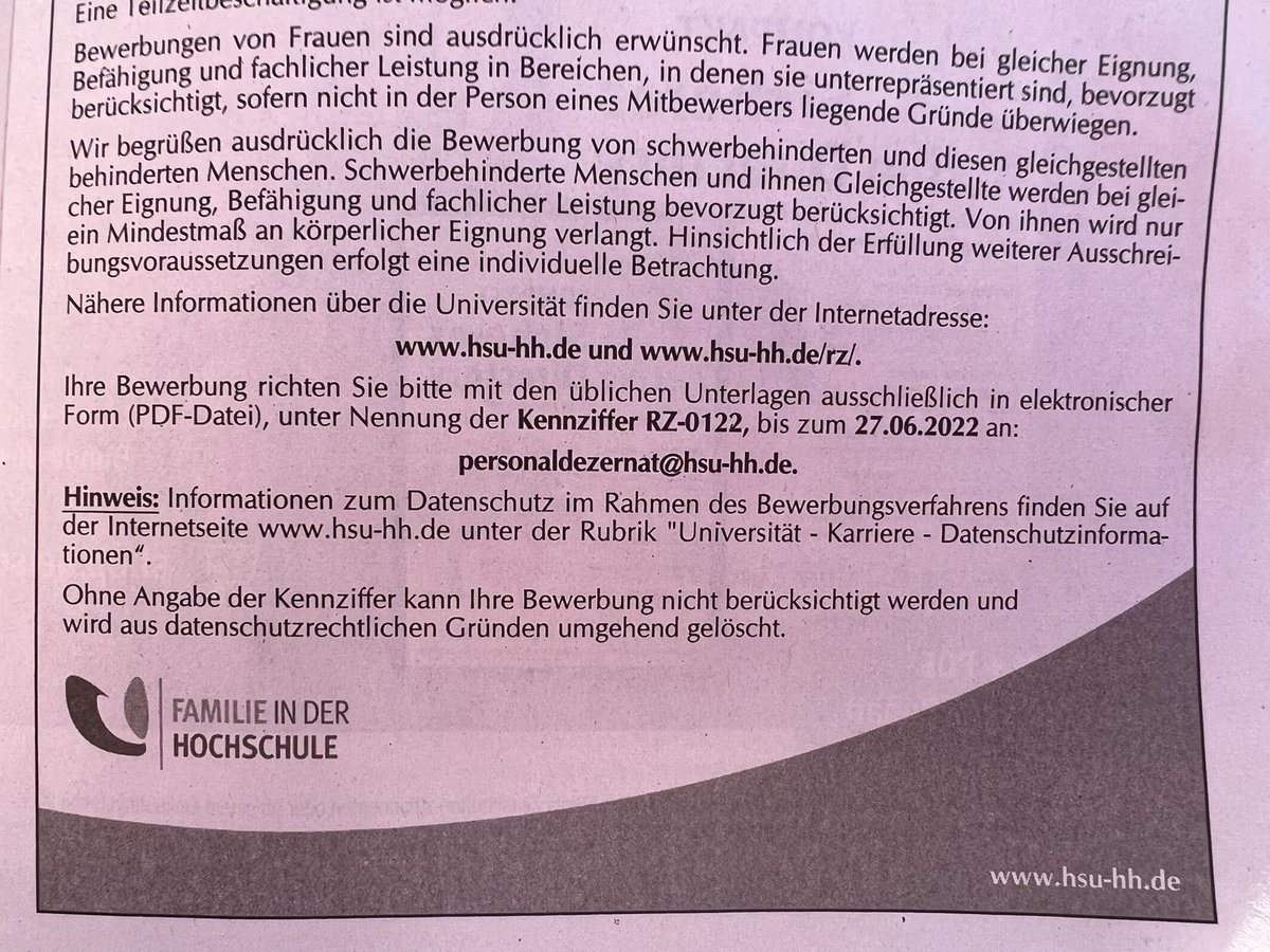 Macht mich sehr nachdenklich, wo wir im #ÖD bei der #Gleichstellung stehen: Die ⁦<a href="/HSUHamburg/">HSU Hamburg</a>⁩ bevorzugt weibliche #Bewerberinnen bei wenigstens gleicher Befähigung, lässt sich aber sicherheitshalber - und anders als bei #Schwerbehinderten - noch eine Hintertür offen. 🤷🏼‍♂️