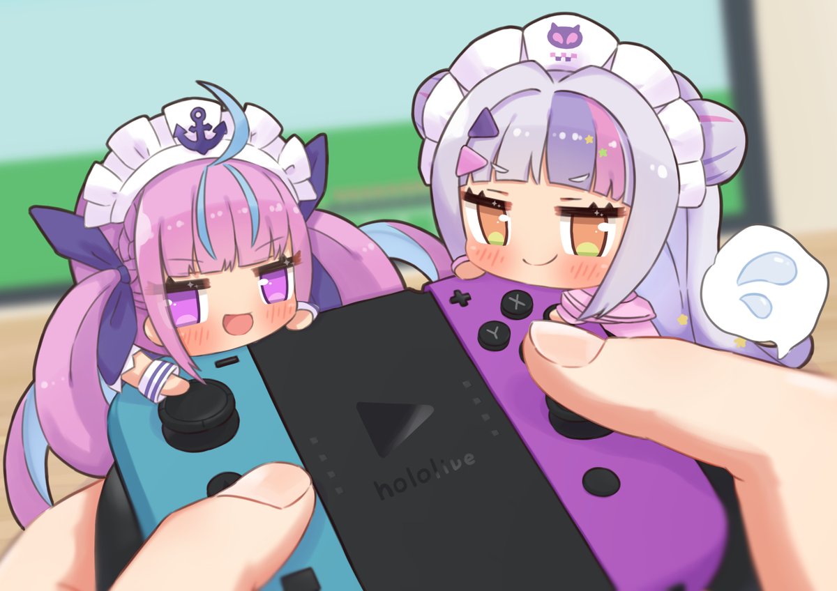 minato aqua ,murasaki shion multiple girls 2girls maid headdress chibi purple hair long hair smile  illustration images