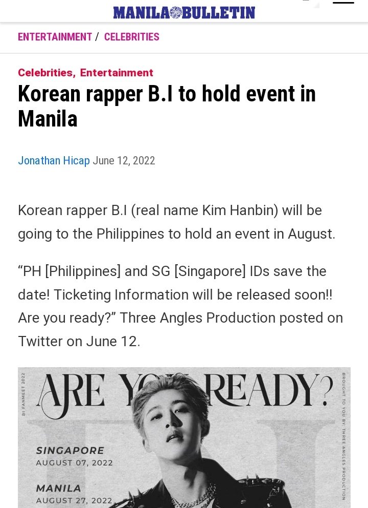 Korean rapper B.I (real name Kim Hanbin) will be going to the Philippines to hold an event in August - @manilabulletin

HANBIN PAPARA SA MANILA
#TheBIgReveal #비아이 #BI @shxx131bi131 
📌mb.com.ph/2022/06/12/kor…