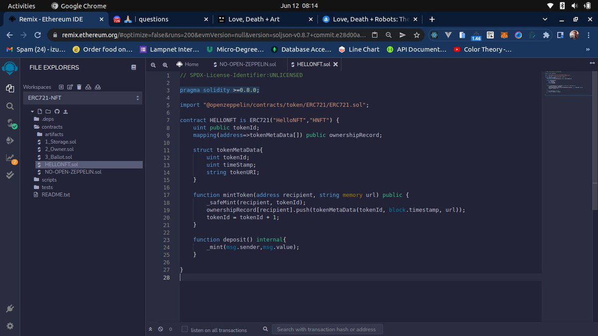 noble_eminent's tweet photo. Day 7 was awesome, I learnt to create a smart contract for an #NFT (#ERC721) using #OpenZeppelin library, and I was also able to make the it mintable.
#day_7
#10_days_of_Solidity_program
#Testnet
#Web3
#OpenZeppelin
@metaschool_
@Elixir_Js
@Kynsofficial
@benjaydxb 
@coinbase https://t.co/GCrIooR9SH