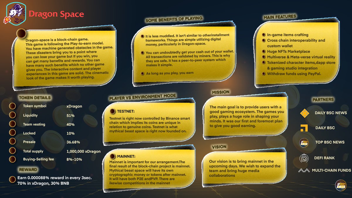 Overview @dragonspaceio
 
First Play To Earn NFTs Based Blockchain Game On BSC. 🐲

Dual rebase utility 💪

Earn 0.000088% reward in every 3 Sec 🕒

Fair Launch On PinkSale: pinksale.finance/launchpad/0xaa…

#topbscnews #GameFi  #Gaming #NFTs #xDragons #BSC #BNB #BSCGems #P2EGame