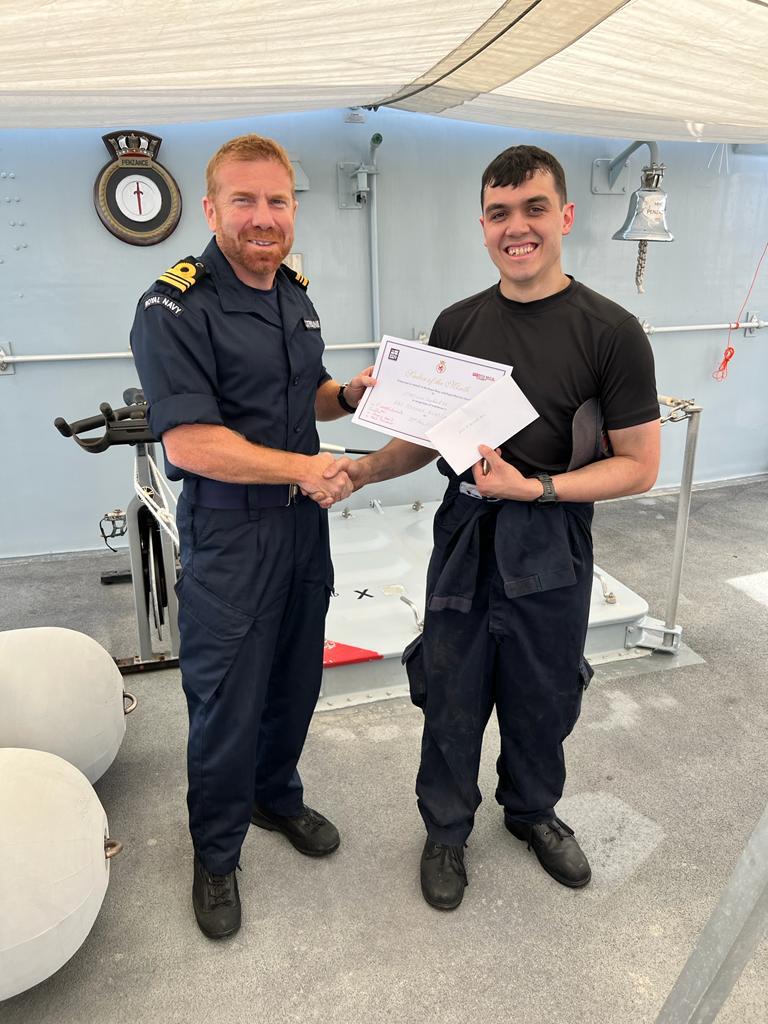 Congratulations to ET Ogg and ET Shepherd on being awarded HMS PENZANCE Sailor of the Month for April and May. 👏 It is up to our engineers to ensure our ship and our systems are always ready for operations, so this recognition is thoroughly deserved. #OpKipion