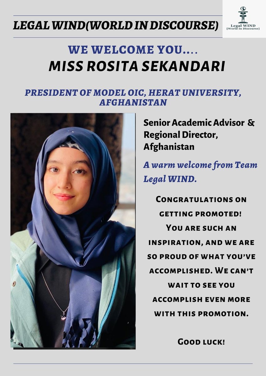 wind_legal's tweet photo. We Congratulate Miss Rosita Sekandari, for getting promoted as πΊπππππ π¨πππ
ππππ π¨π
πππππ πππ
πΉπππππππ π«πππππππ, π¨ππππππππππ of LEGAL WIND (WORLD IN DISCOURSE).
Congratulations!
#legal #promotion #India #afghanistan #LegalWIND https://t.co/hTh2C2EONF