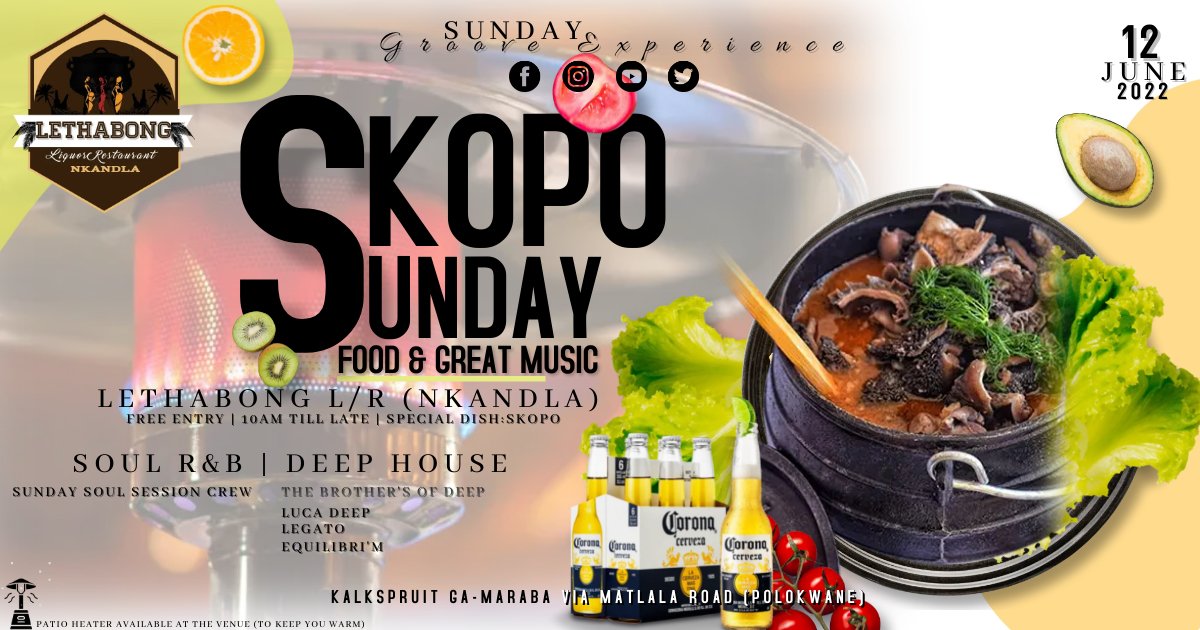 LethabongN's tweet photo. Today let's listen to music that speaks to the soul.
Rnb and Soul music
Deep house music and a touch of piano

Soul session crew and The Brothers of Deep 👌😎

Patio heaters are available at the venue 
Dish of the day :Skopo
#kalkspruitkasiyaka #vibes #sunday #deephouse #rnb https://t.co/TVXTW0wiiU
