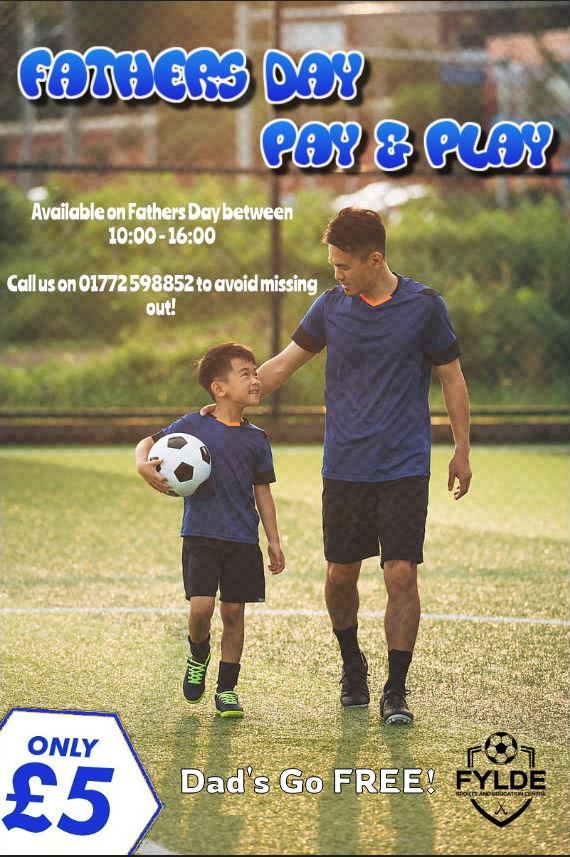 𝐍𝐨𝐭𝐡𝐢𝐧𝐠 𝐩𝐥𝐚𝐧𝐧𝐞𝐝 𝐭𝐡𝐢𝐬 𝐅𝐚𝐭𝐡𝐞𝐫𝐬 𝐃𝐚𝐲? 

Come and join us at Fylde Sports &amp; Education Centre for Pay &amp; Play! 

All Dads go FREE! 

To book, please call us on 01772 598852! 

#Kirkham #Blackpool #Preston #Grassroots #Lancashire