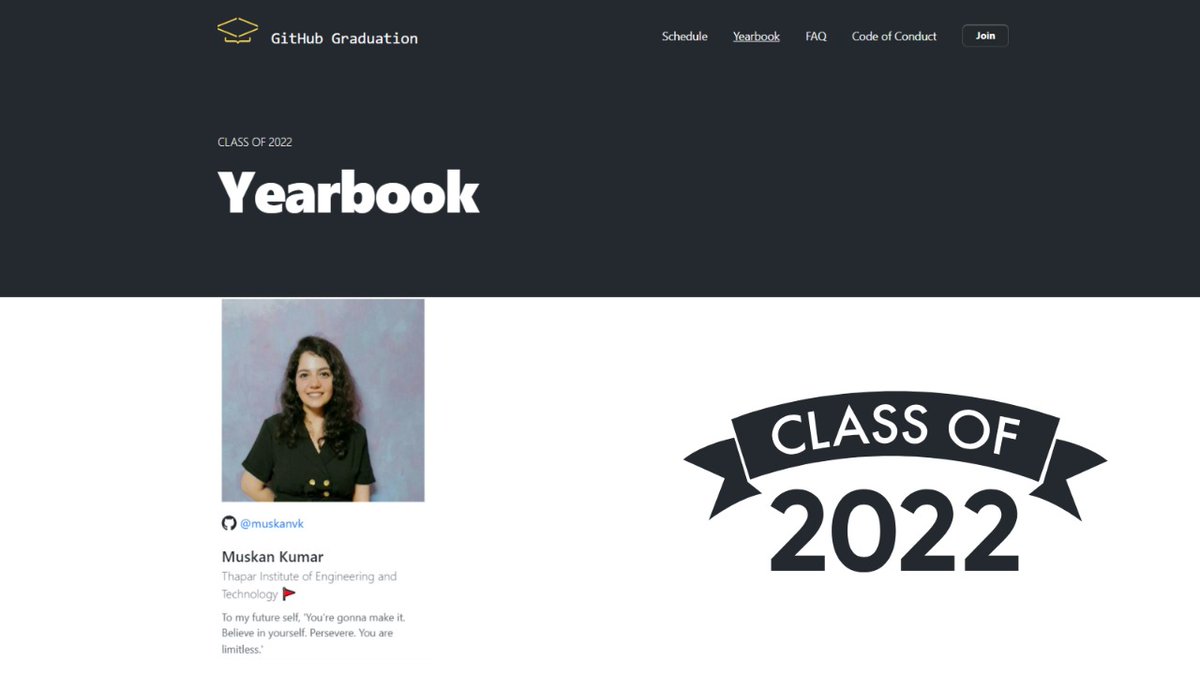 muskanvkk's tweet photo. The past two years have flown by. Didn't get a chance to visit the college physically, yet have so many stories to narrate 😀  Happy to have featured in the #GitHubGraduation 🥺
#Classof2022 #octograd https://t.co/u1u3PDAZV4