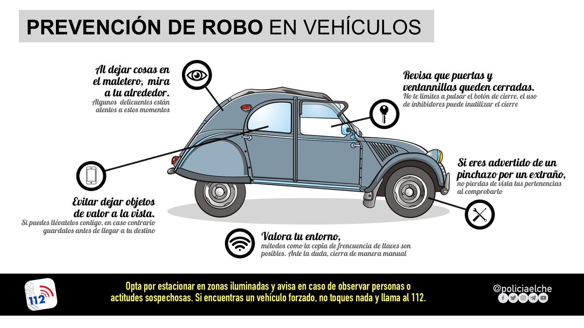 policiaelche's tweet photo. Al d'eixir del teu #cotxe, fes un últim repàs abans de tancar: NO convé deixar #res a la vista per a evitar #robatoris.
👉🏼 Si deixes objectes en el #maleter, especialment en zones turístiques, observa al teu voltant.
⚠️ Si veus a algú en actitud #sospitosa, avisa'ns. https://t.co/YANdyVWIpz