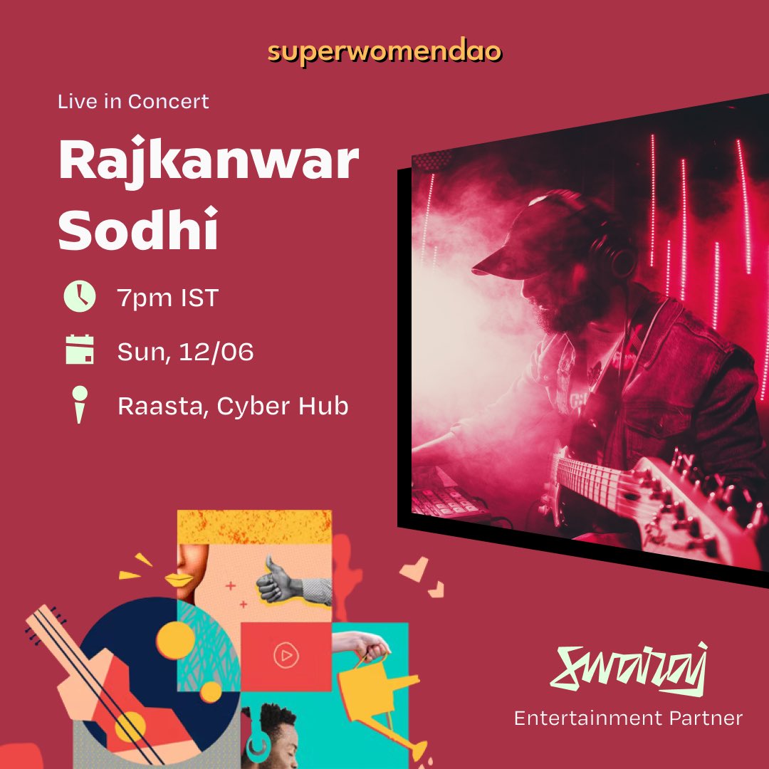 SwarajHQ's tweet photo. We’re back with a fresh wave of Indian indie at the @superwomendao x @make_punch meet today! The spicy concoction of art, web3 and culture will see our artists - guitarist Raj &amp; rapper Naqaab47 take stage.

Hop by Cyber Hub today for this bloc party ft. web3’s boldest creators ✨ https://t.co/qOeU6k4toa