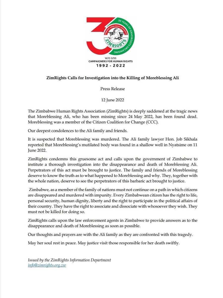 ZimRights Calls for Investigation into the Killing of Moreblessing Ali