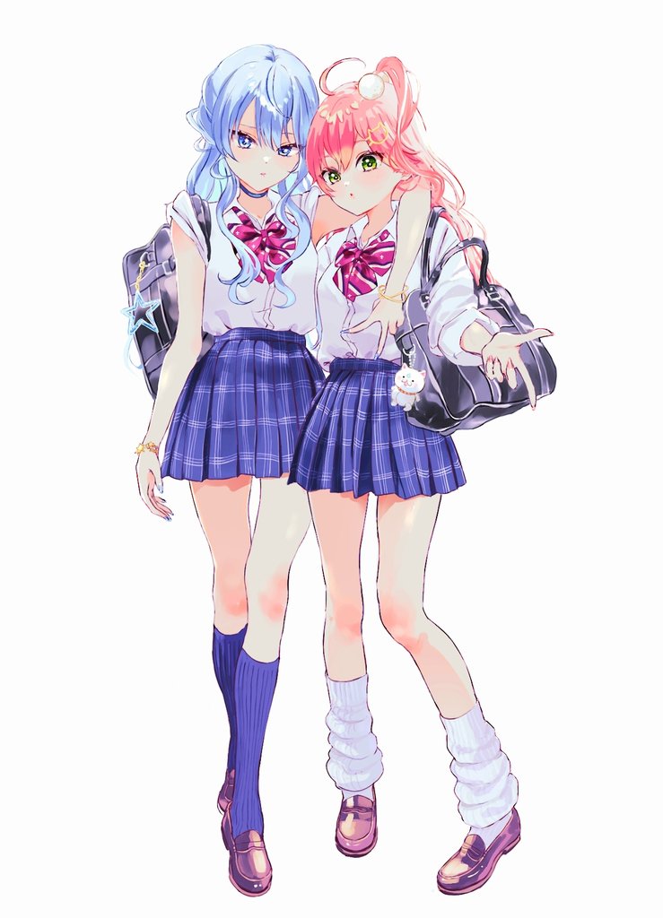 hoshimachi suisei ,sakura miko multiple girls 2girls green eyes blue hair pink hair skirt socks  illustration images