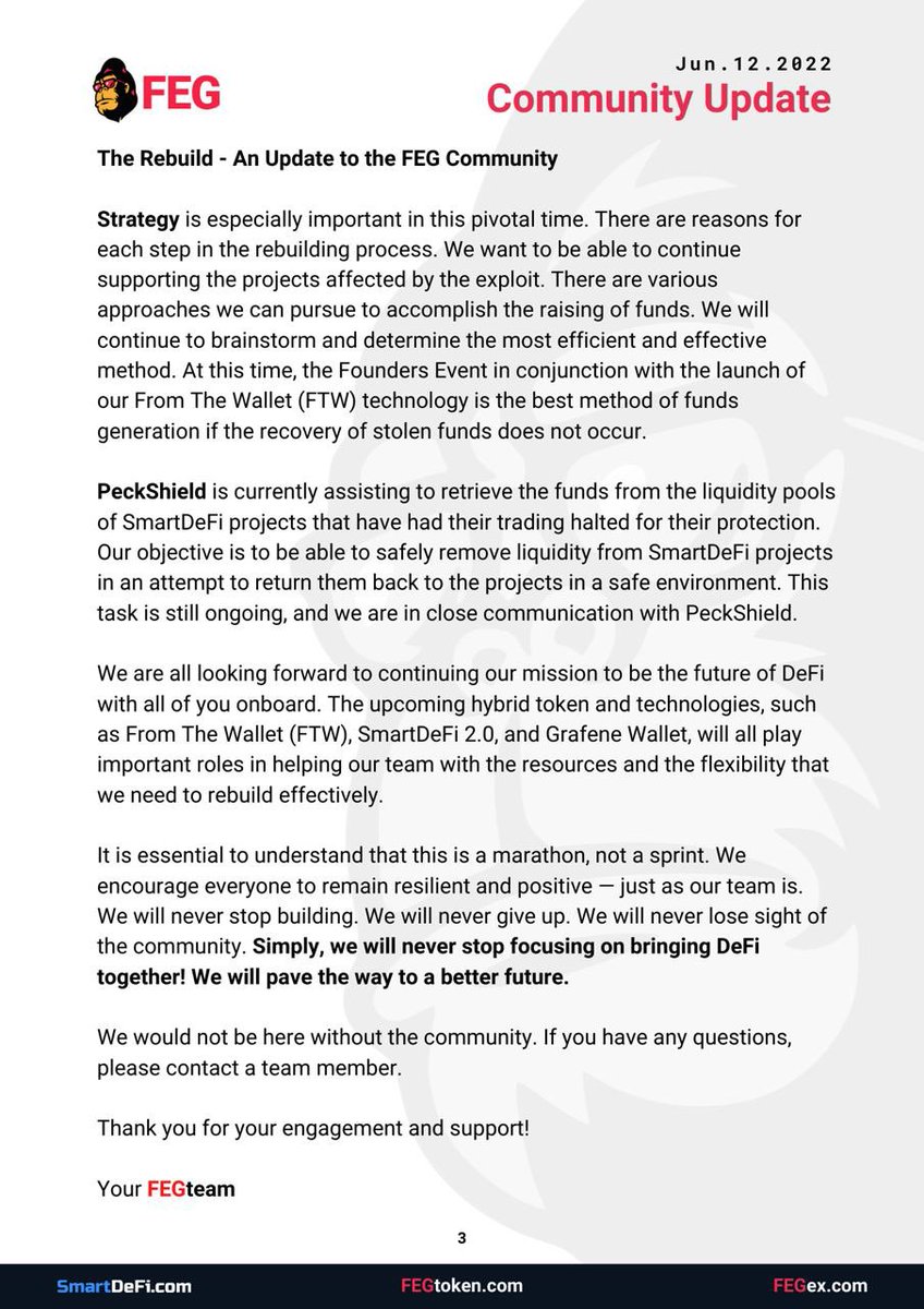 Thanks for your ongoing support, please check the latest interim update attached. 

This is not exhaustive - we will continue to push further information as we progress. 

#FEG 
💪❤️🦍