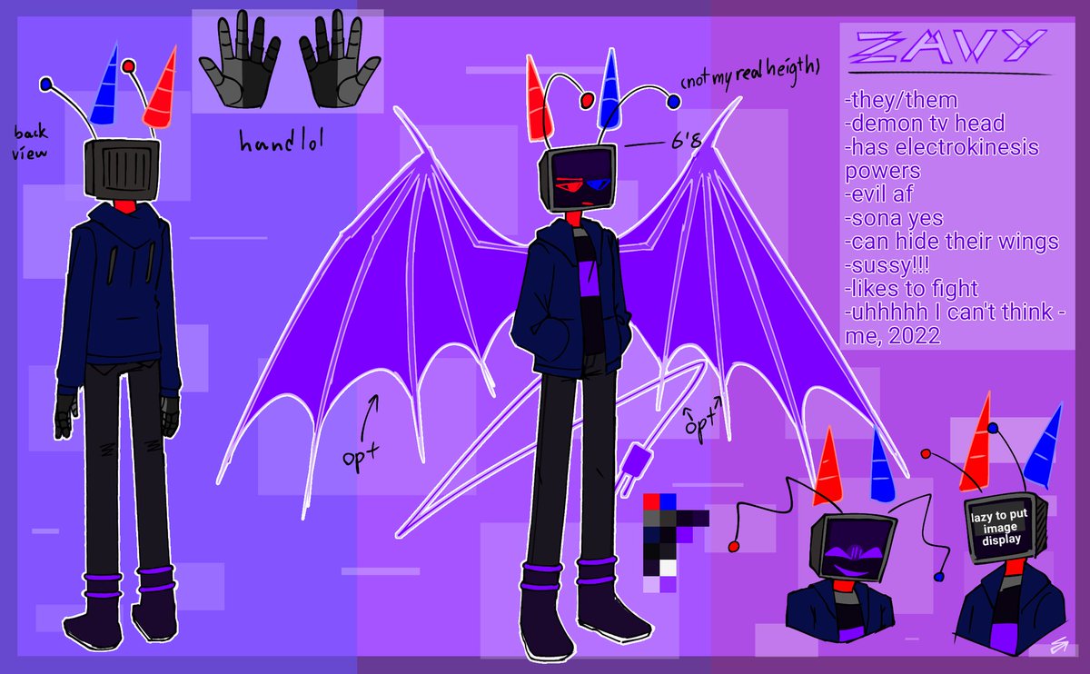 Zavixel's tweet photo. Updated sona ref yes queen
#shittyref #sonaref #nothex #sona #tvhead #demon #purple #zavy #anger #theythem #electrokinesis #robot #ocref https://t.co/I5BS26KaNE