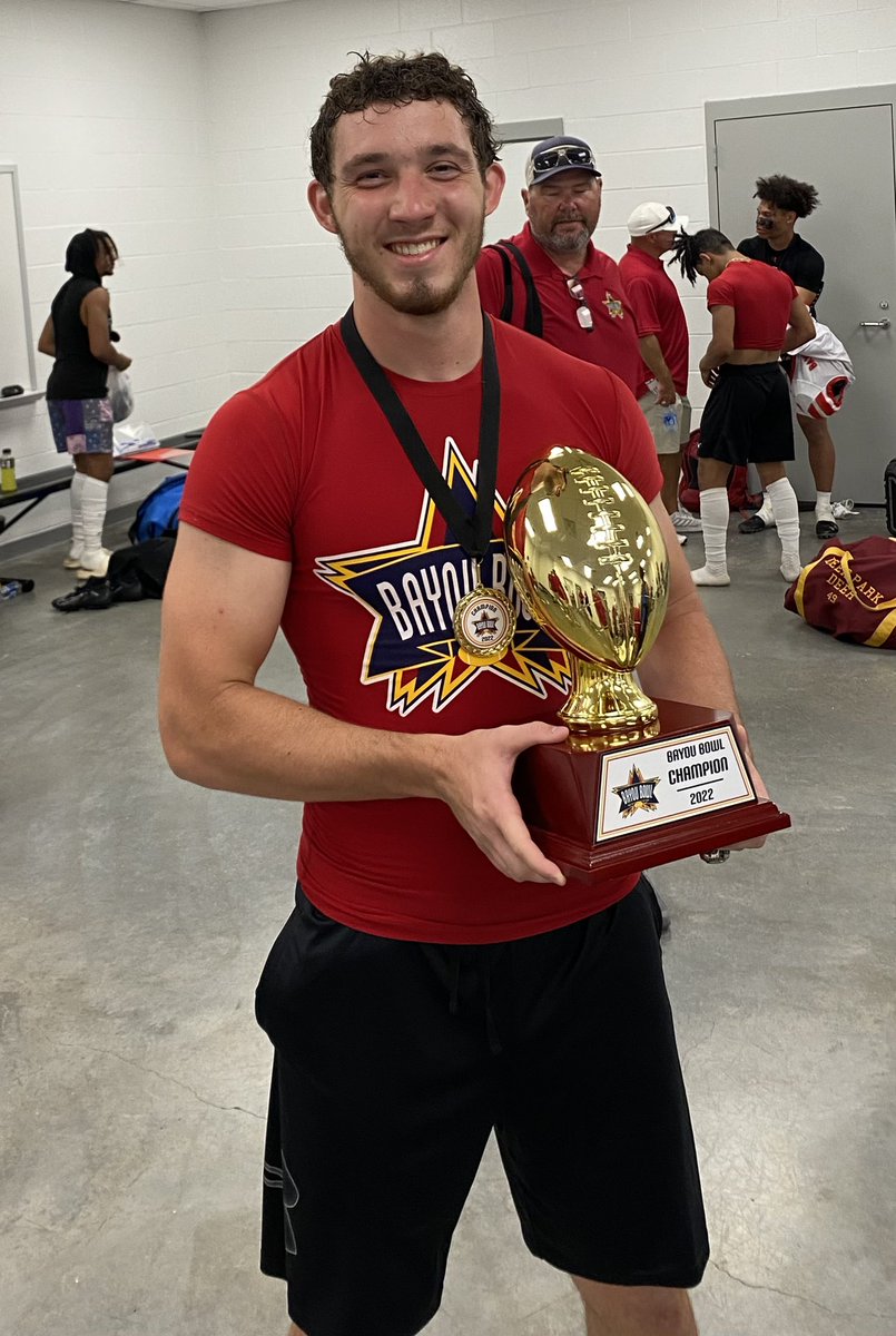 NKresovich's tweet photo. Keeping the title to the East side! Tore it up tonight and had a lot of fun! Proud to represent @KHSMustangFBall one last time. Thank you to the @BayouBowlGHFCA for selecting me to participate! https://t.co/W1VISZfDA2