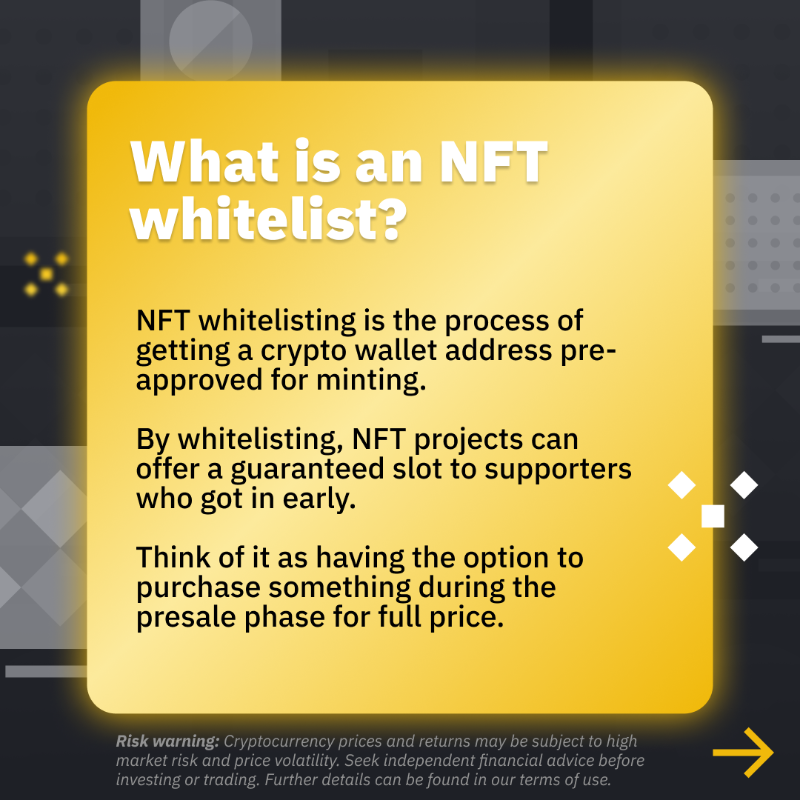 binance's tweet photo. What is an NFT whitelist and how do I get on one?

This may be able to help.