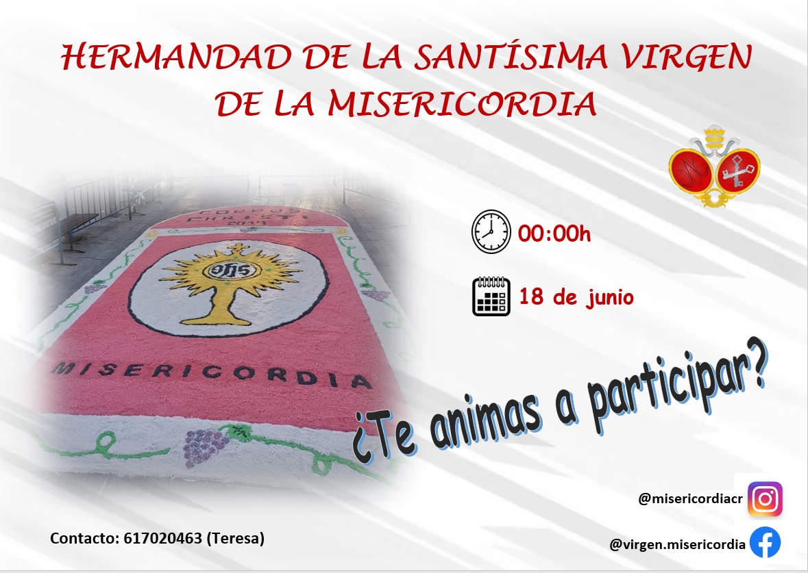 misericordiacrl's tweet photo. Como cada año, nuestra hermandad realizará una alfombra de sal con motivo del Corpus Christi. Se realizará en el Paseo del Prado el día 18 de junio por la noche a las 00:00h. 
 
¿Te animas a participar?😃 https://t.co/8V0uqdPLSK