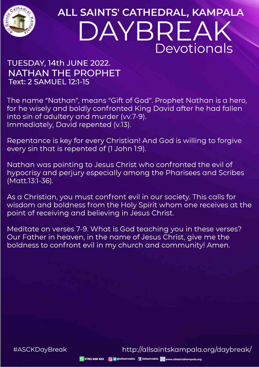 allsaintskla's tweet photo. DAY BREAK DEVOTIONAL
TUESDAY, 14th JUNE 2022.
NATHAN THE PROPHET;
TEXT: 2 SAMUEL 12:1-15
https://t.co/FUfPl6GyYJ
#ASCKDayBreak #ASCKDevotionals #DayBreak #Devotionals #Bible #Reading https://t.co/iK3M39miRk