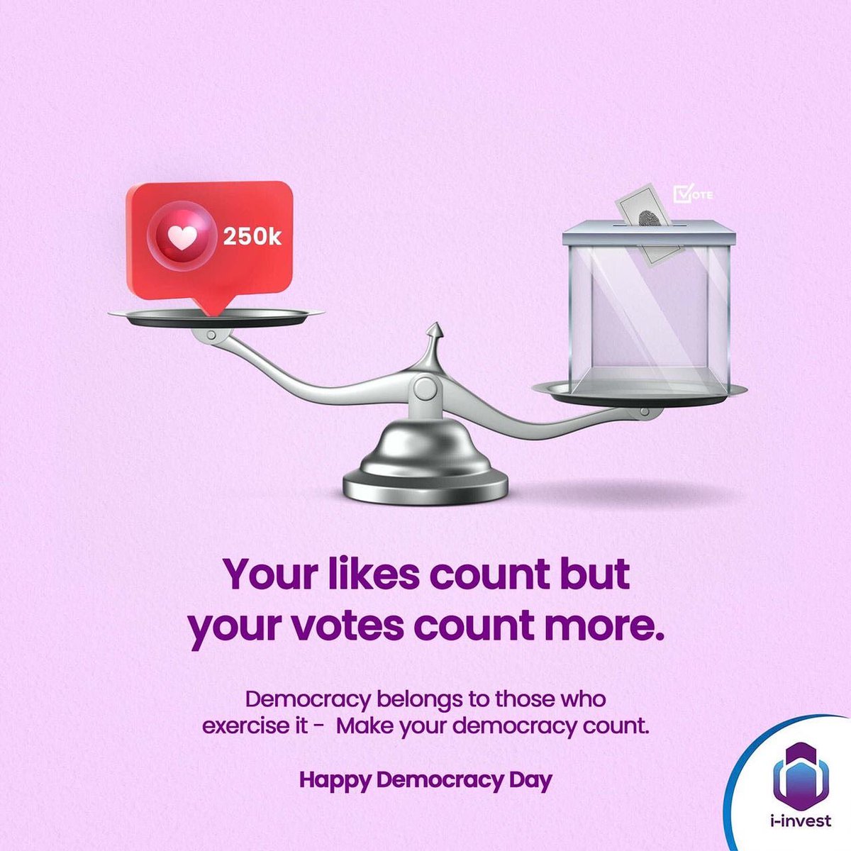 iinvestng's tweet photo. A day’s investment with a four year return period is one that we must all partake in.
Let your voice count! Let your vote count!
Happy Democracy Day!
#iinvest #Investment #Democracy #DemocracyDay #YourVotesCount #CreateWealth https://t.co/fQc6aBjFkm