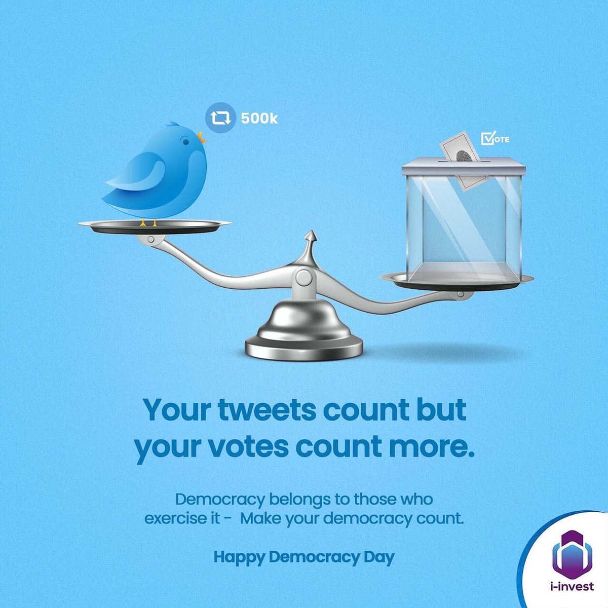 iinvestng's tweet photo. A day’s investment with a four year return period is one that we must all partake in.
Let your voice count! Let your vote count!
Happy Democracy Day!
#iinvest #Investment #Democracy #DemocracyDay #YourVotesCount #CreateWealth https://t.co/fQc6aBjFkm